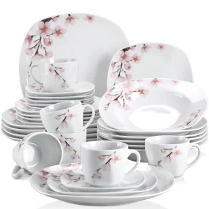 VEWEET ANNIE 60-Piece White Pink Floral Plate Set