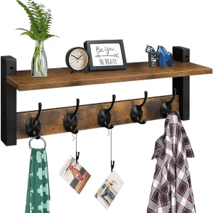Wood Wall Shelf with 5 Hooks